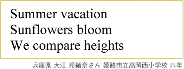 Summer vacation Sun flowers bloom We compare heights 兵庫県 大江 玲緒奈さん 姫路市立高岡西小学校 六年