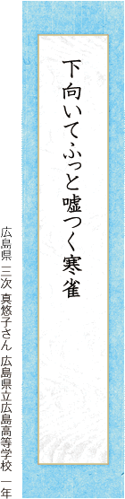 下向いてふっと嘘つく寒雀 三次 真悠子さん 広島県立広島高等学校 一年