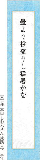 畳より柱登りし猛暑かな 本田 しおんさん 成蹊大学 三年 