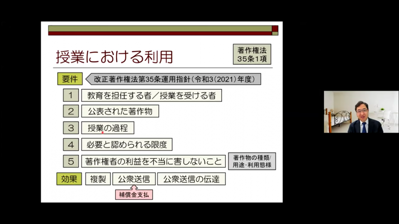 著作権法35条の要件について説明をする上野教授